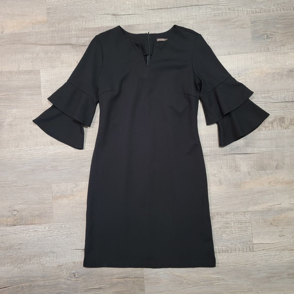 J McLaughlin Size Medium Nylon Ruffle Bell Sleeve Black Dress Knee Length LBD